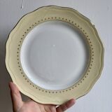 Set of 6 vintage white dinner plates with yellow and gold trim.