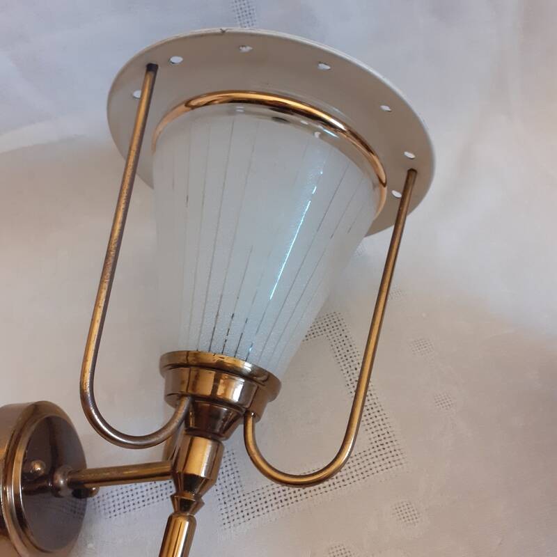 pair of wall-mounted torch lights corner 1950-1960 Arlus or Lunel glass metal