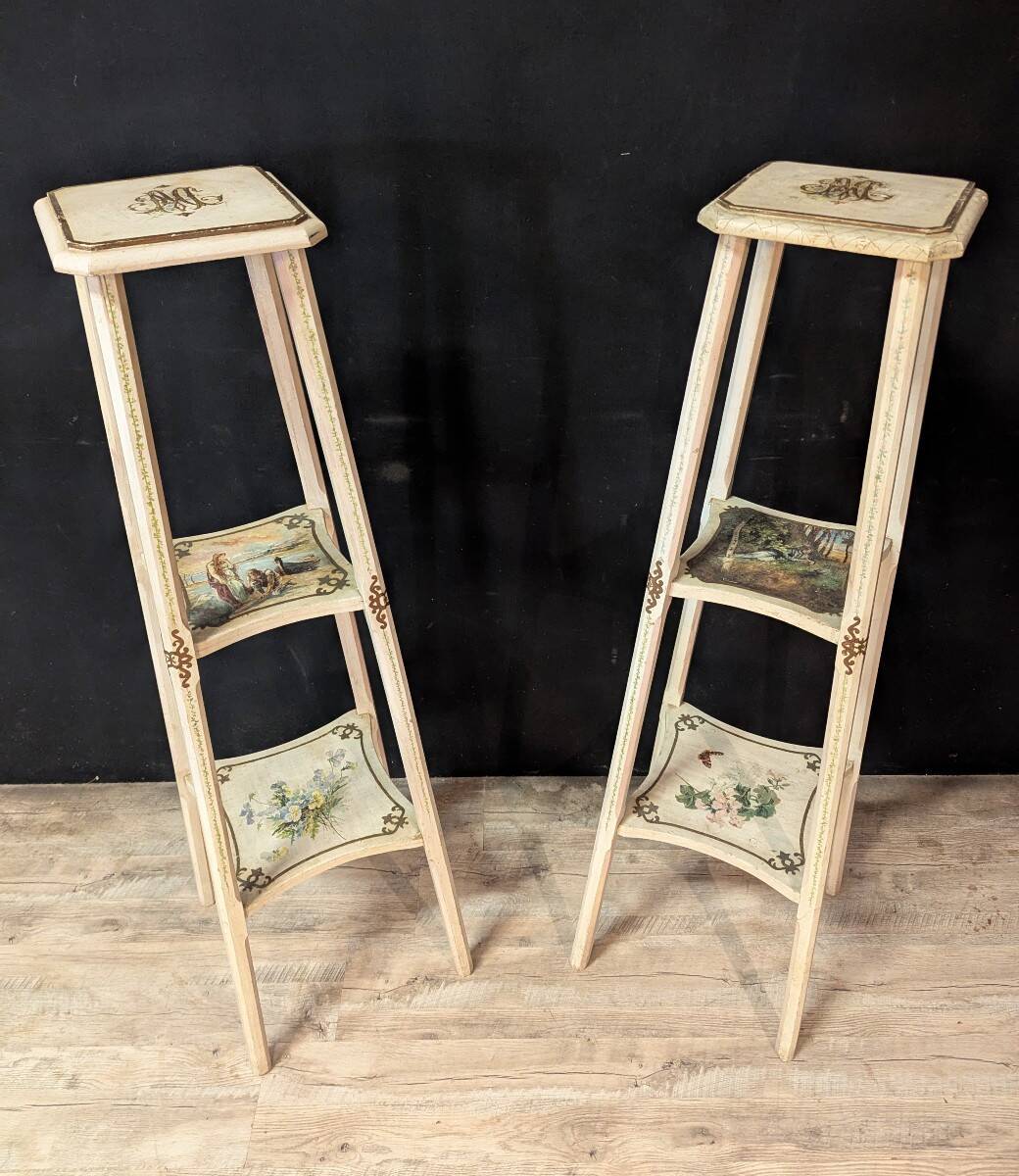Pair of large painted wooden pedestals with three tiers.