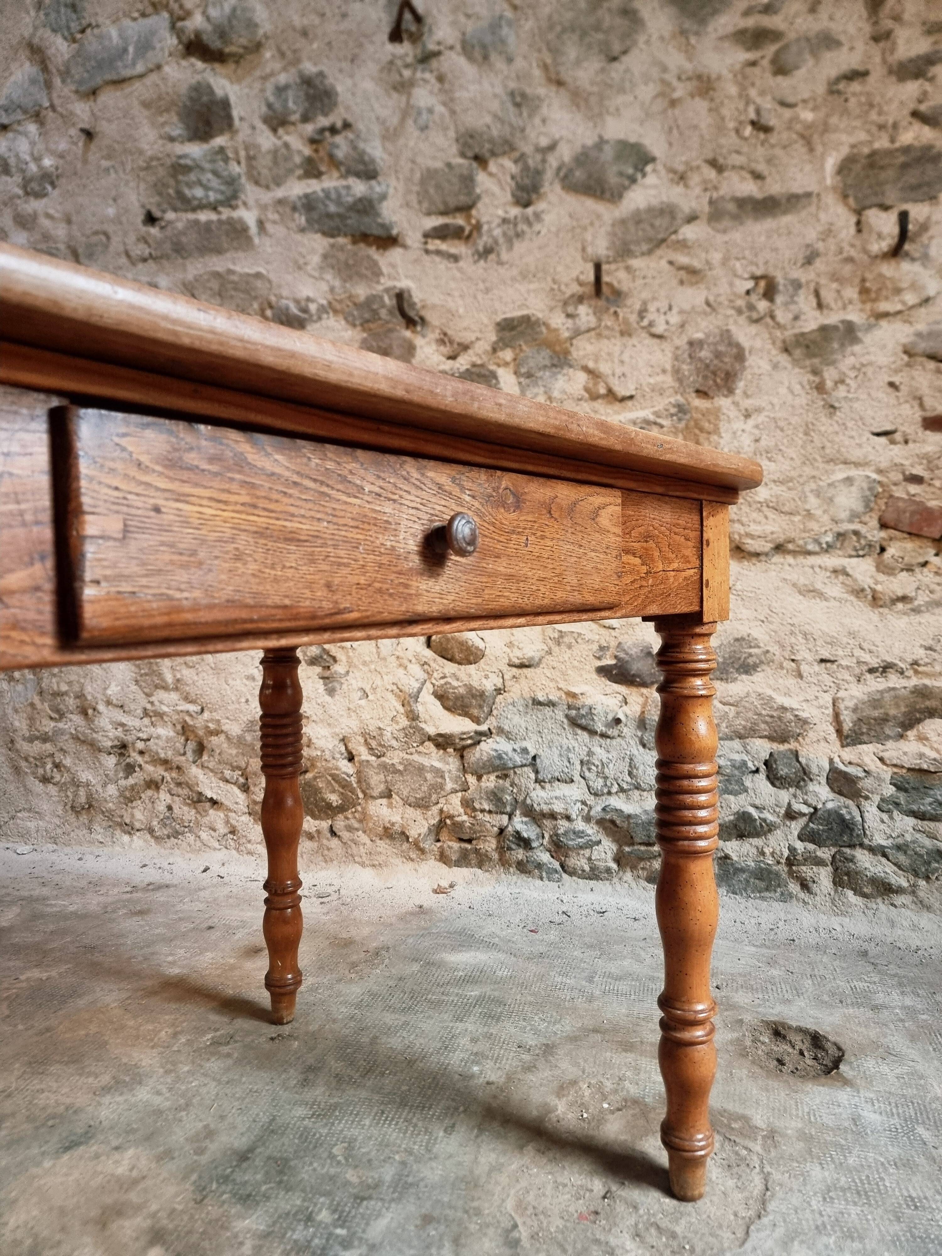 French vintage dining/desk table – oak and walnut – marble top – 1960s writing table with drawer