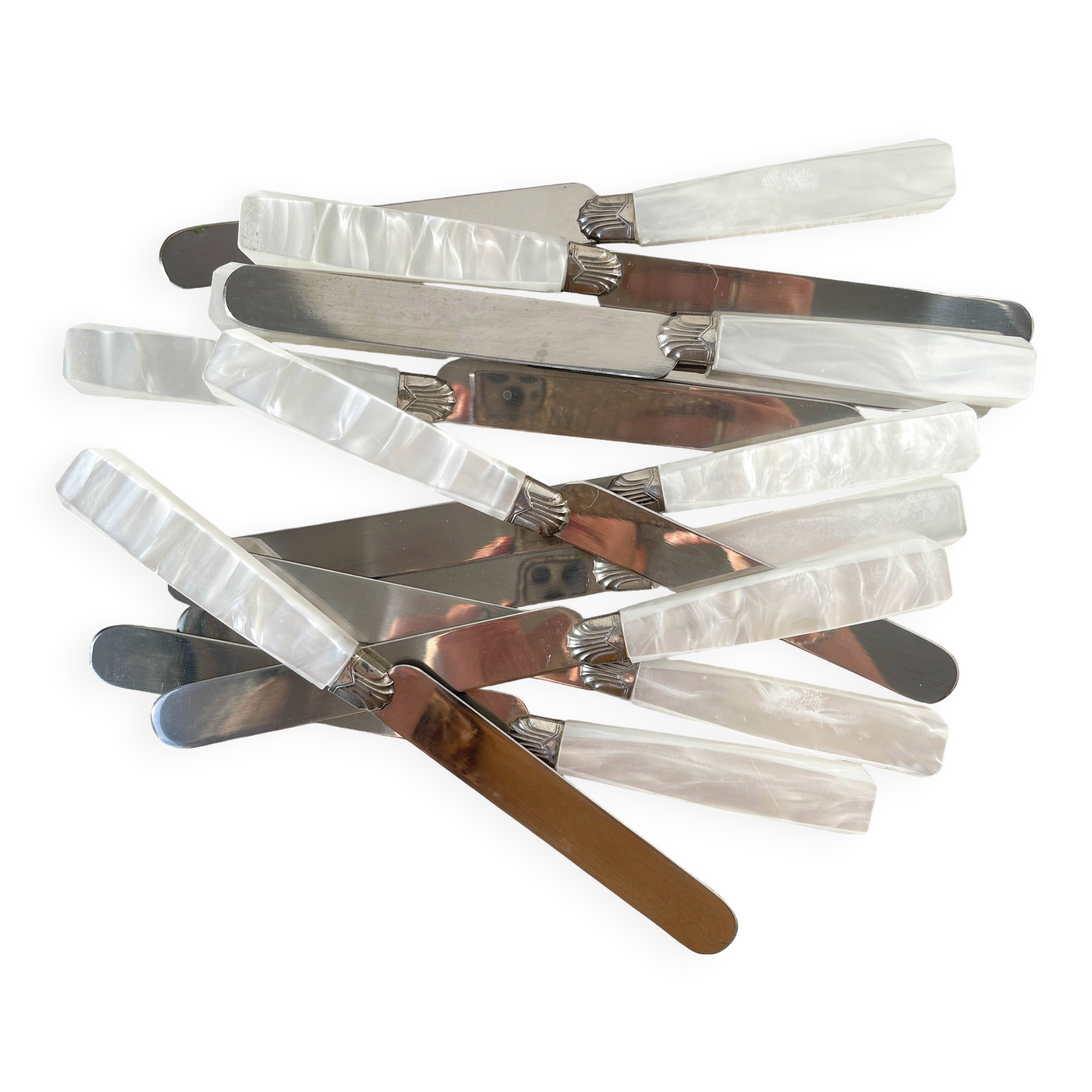 12 vintage Bakelite stainless steel knives with mother-of-pearl effect Art Deco style