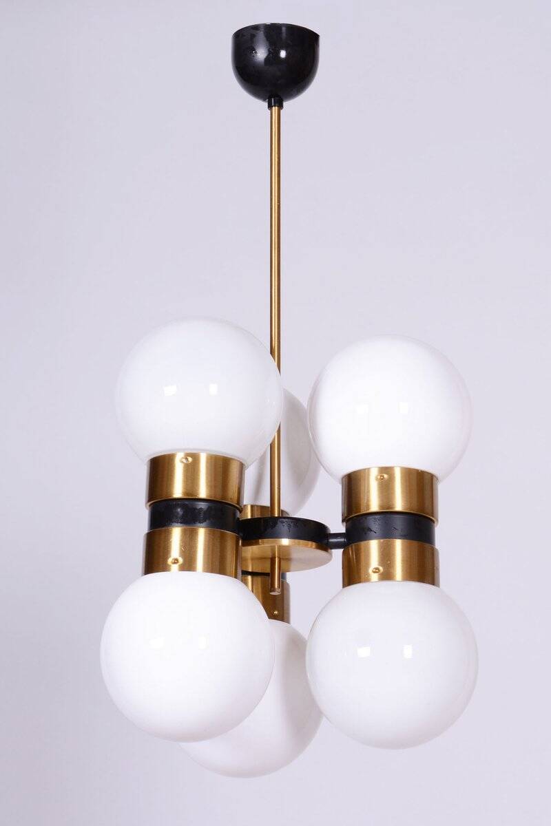 Mid-Century Chandelier in Brass and Opaline Glass, Czech, 1960s