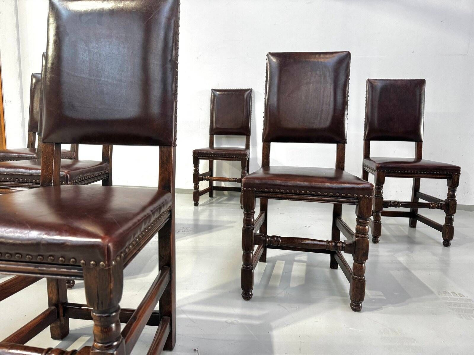 Vintage Handmade French Chairs in Leather & Oak, 1970s.