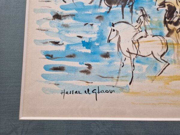 Hassan El Glaoui (1924-2018) - Aquarelle sur papier  ''Cavaliers sur la plage'' - Signée