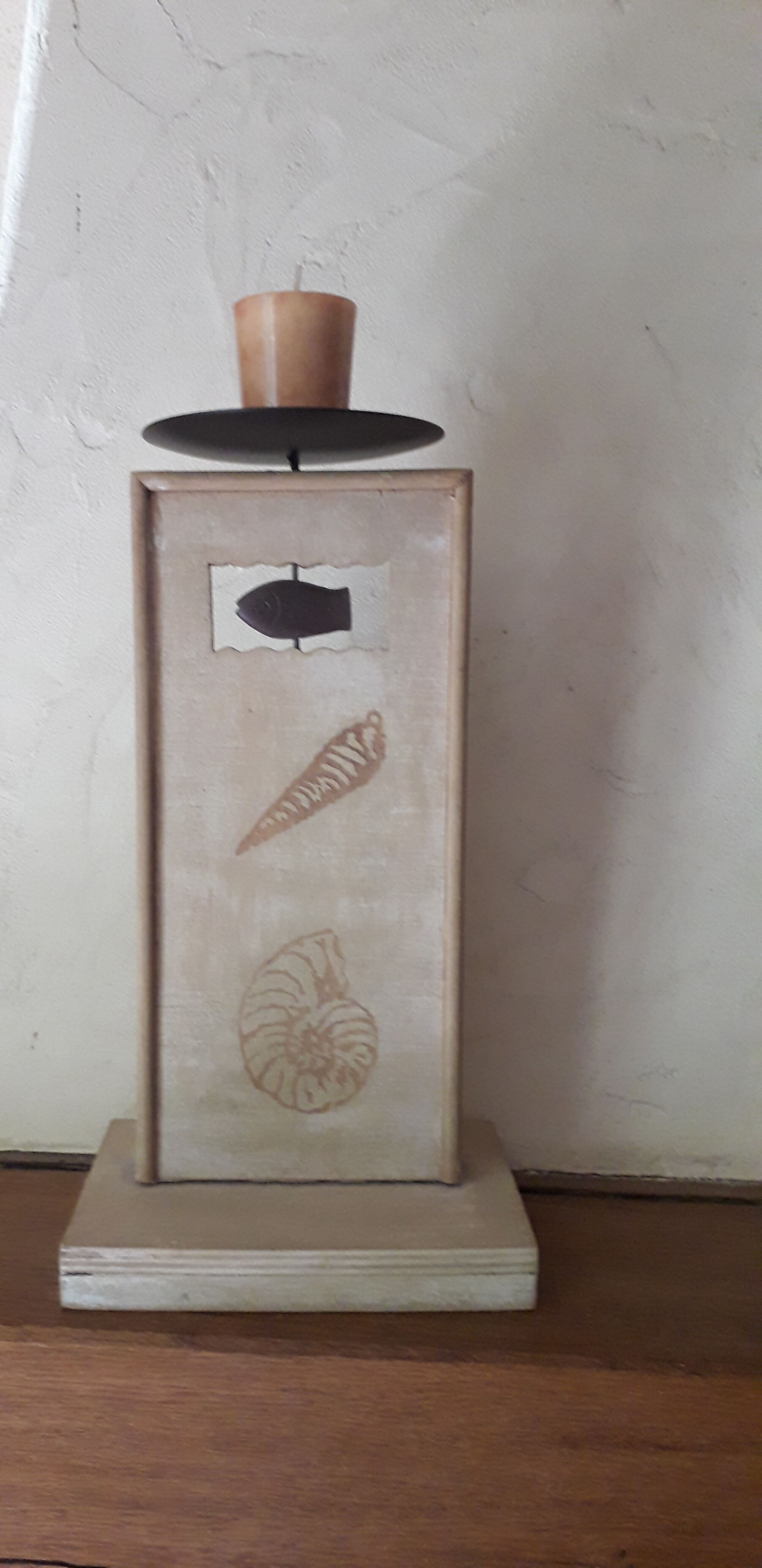 Patinated wooden candle holder, engraved with metal cup, sea decoration