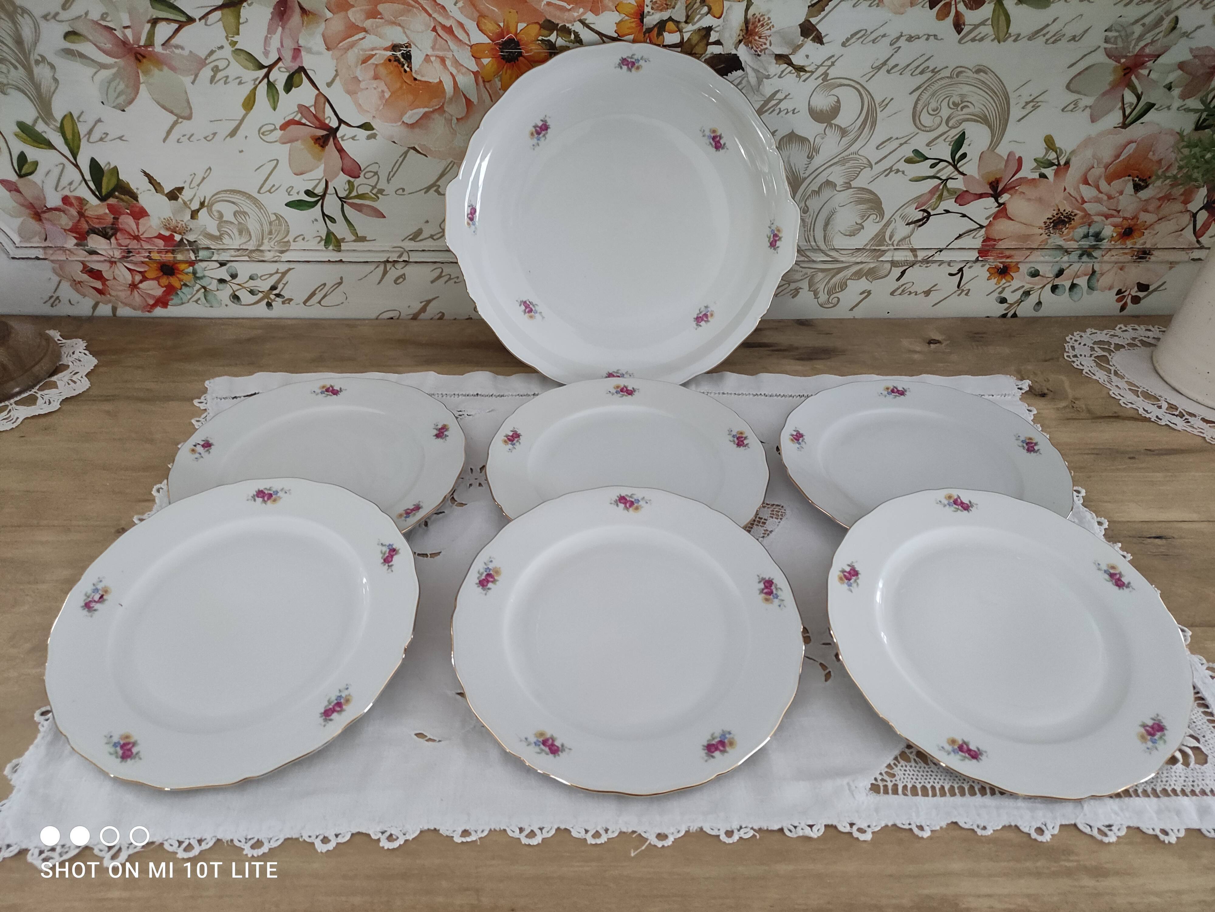 Dessert service 6 people 7 pieces porcelain Bavaria white decoration roses field flowers