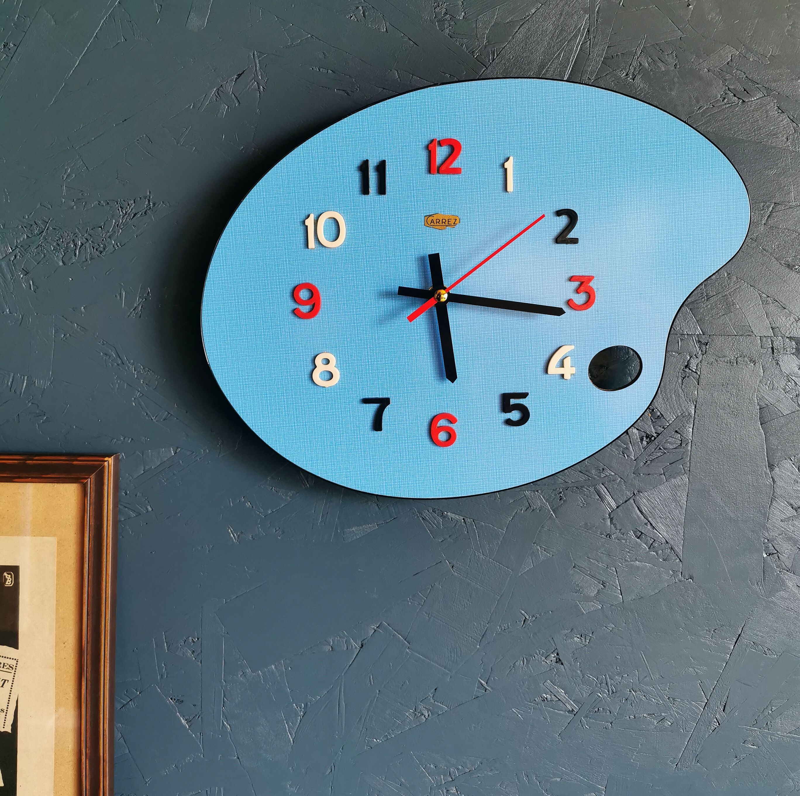 Vintage formica clock silent wall clock painter palette "Carrez bleu"
