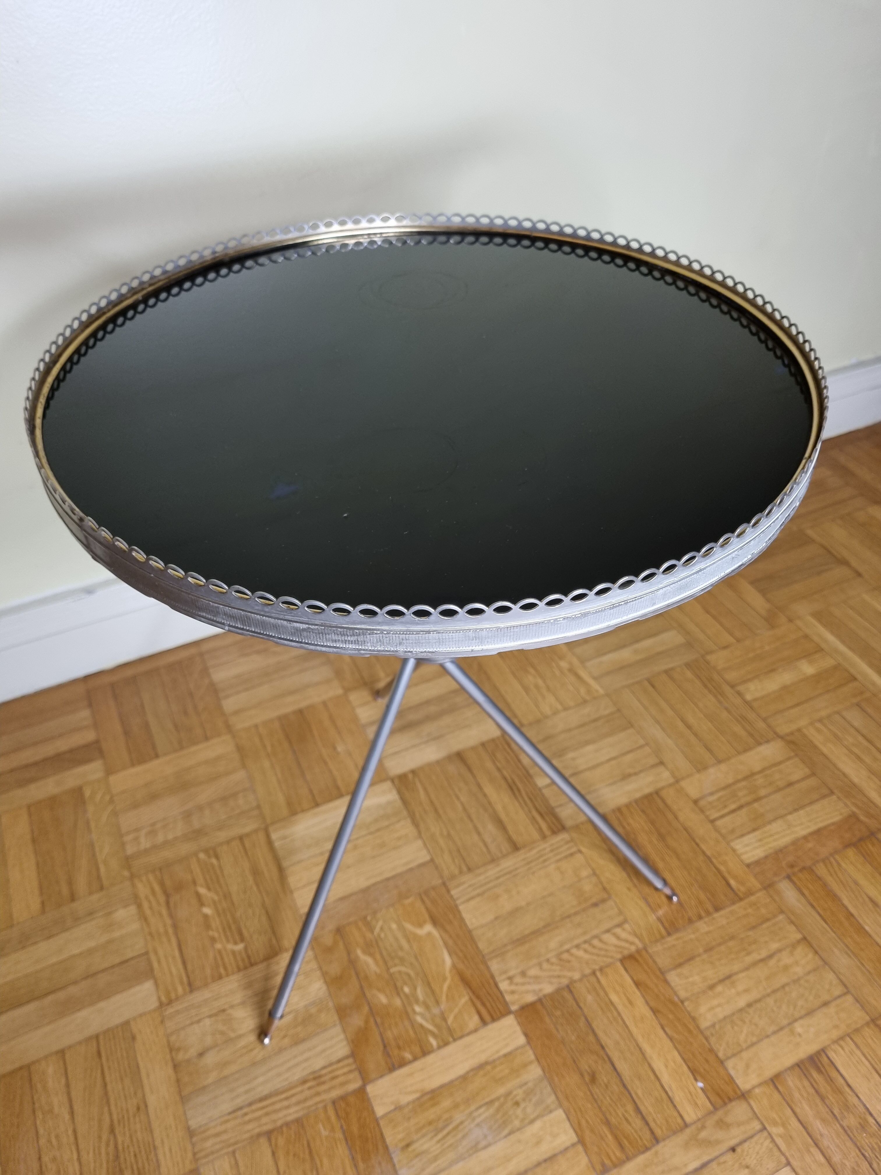 Vintage metal and glass tripod pedestal, brass base, 50s-60s