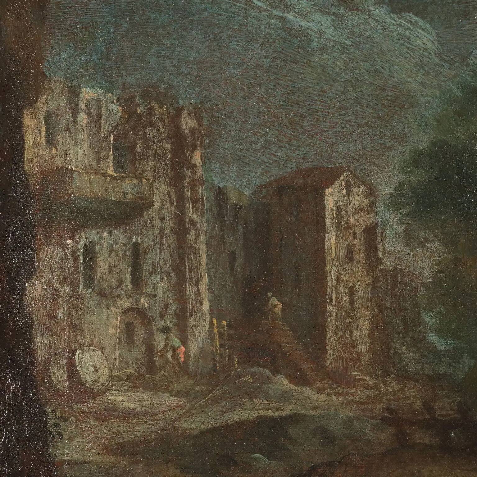 Peinture ancienne paysage avec figures, huile sur toile, XVIIIe siècle