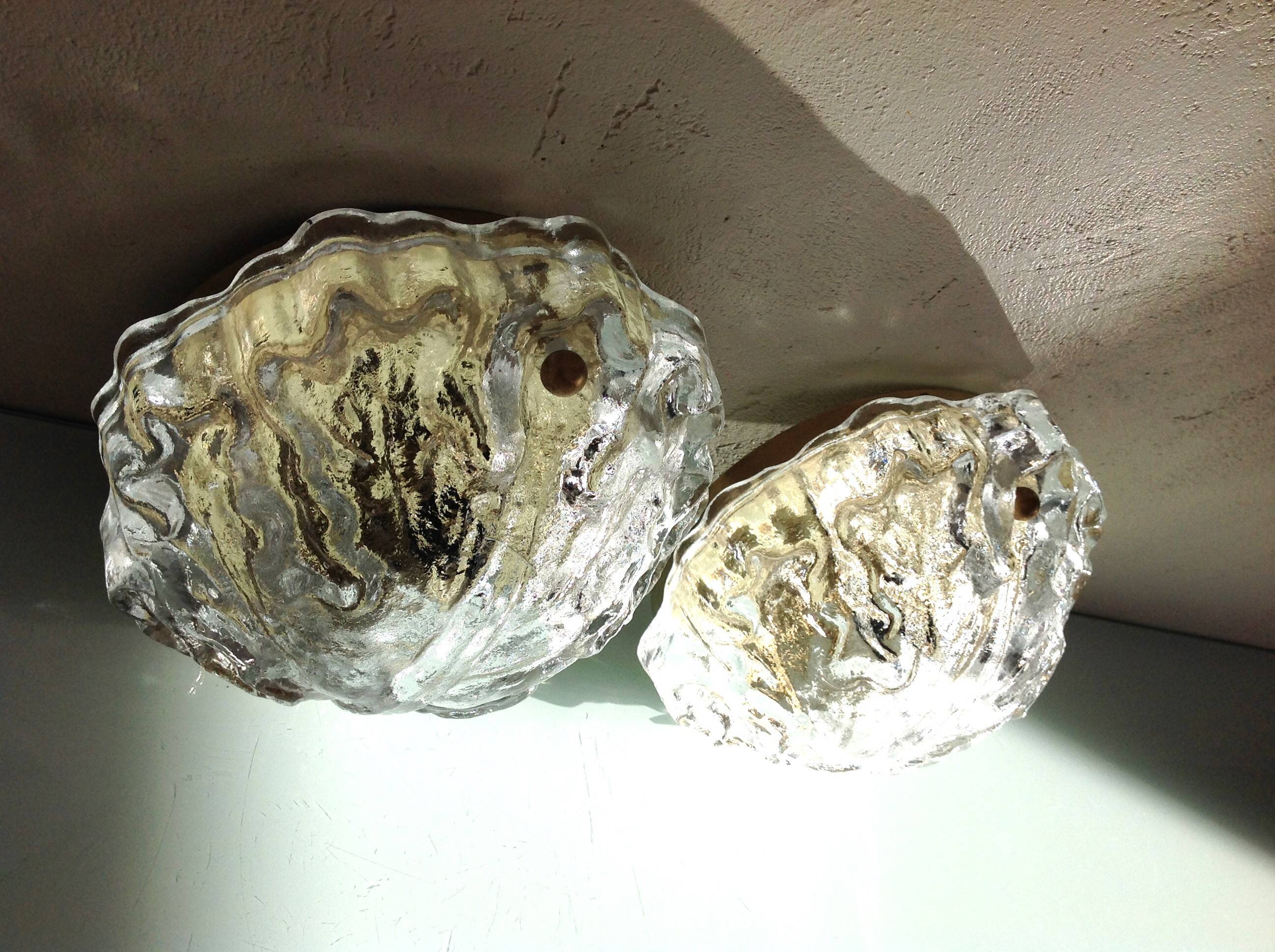 Pair of ice glass and brass wall lights by Limburg / vintage 60s-70s