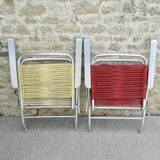 Pair of folding chairs in aluminum and scoubidou from the 70s