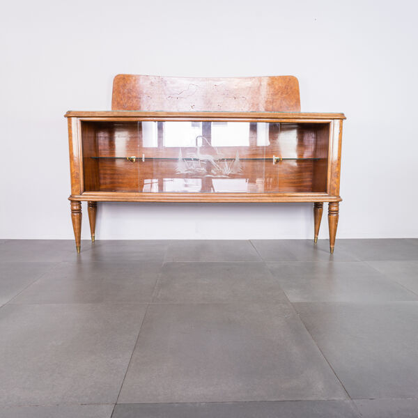 Buffet en bois de bruyère et verre des années 1950 vintage antiquités modernes
