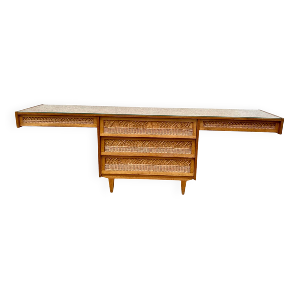 Bureau 5 tiroirs, commode vintage en bois et rotin