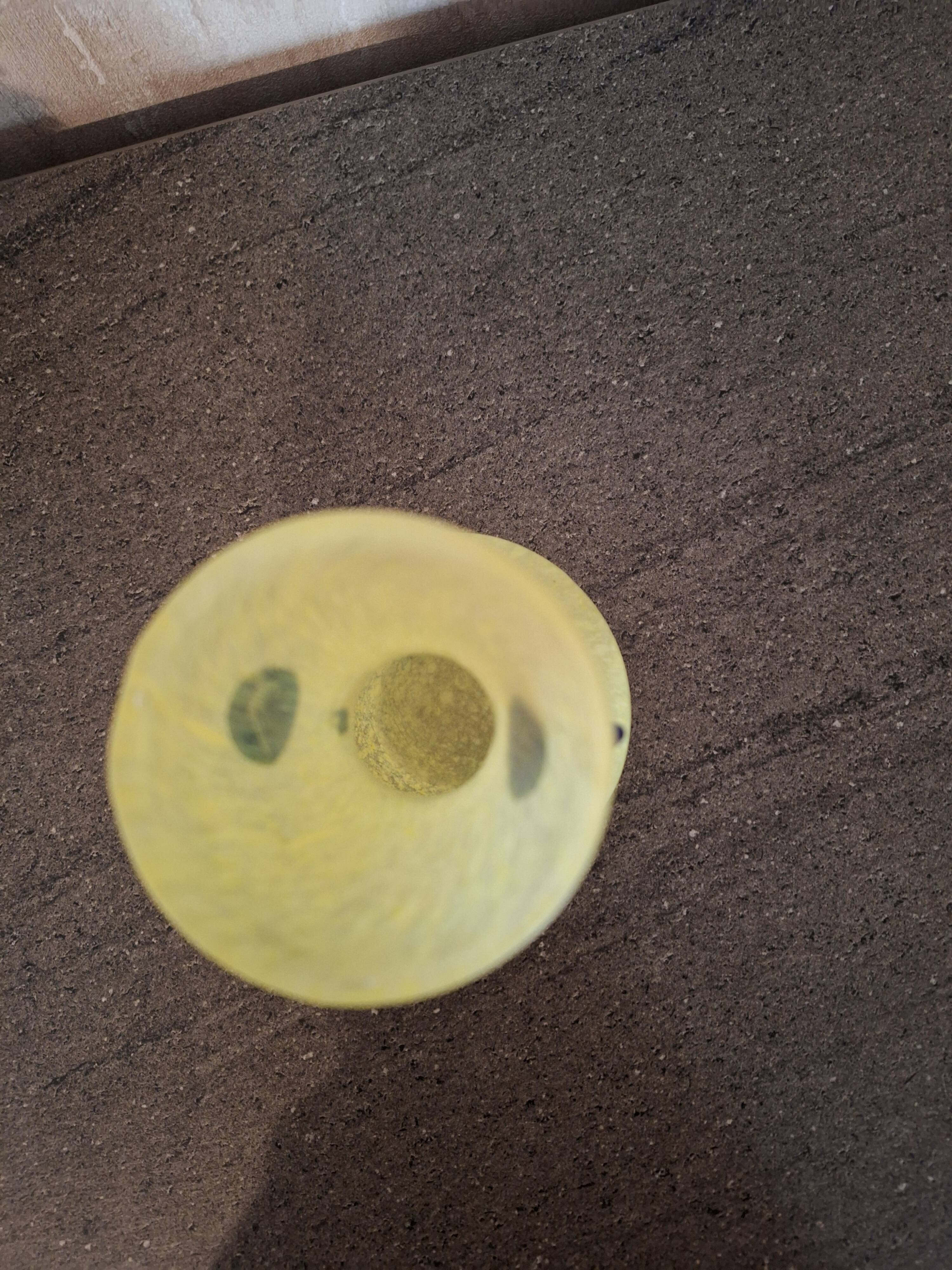 Yellow glass paste vase with navy blue handles