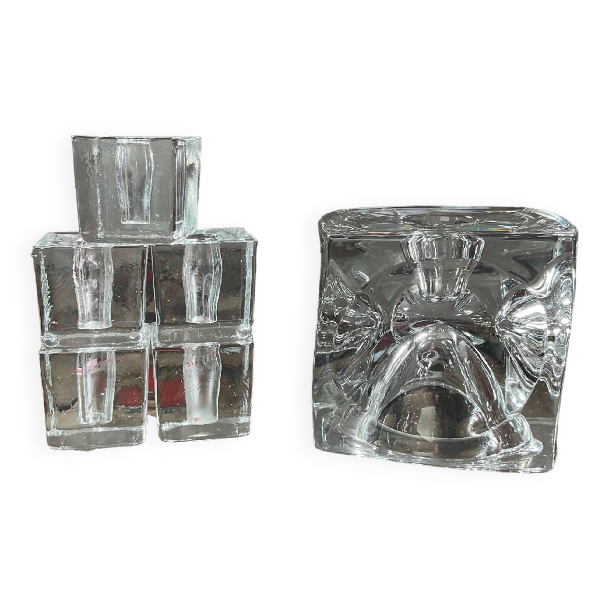 Series of 6 vintage cube candlesticks in molded glass