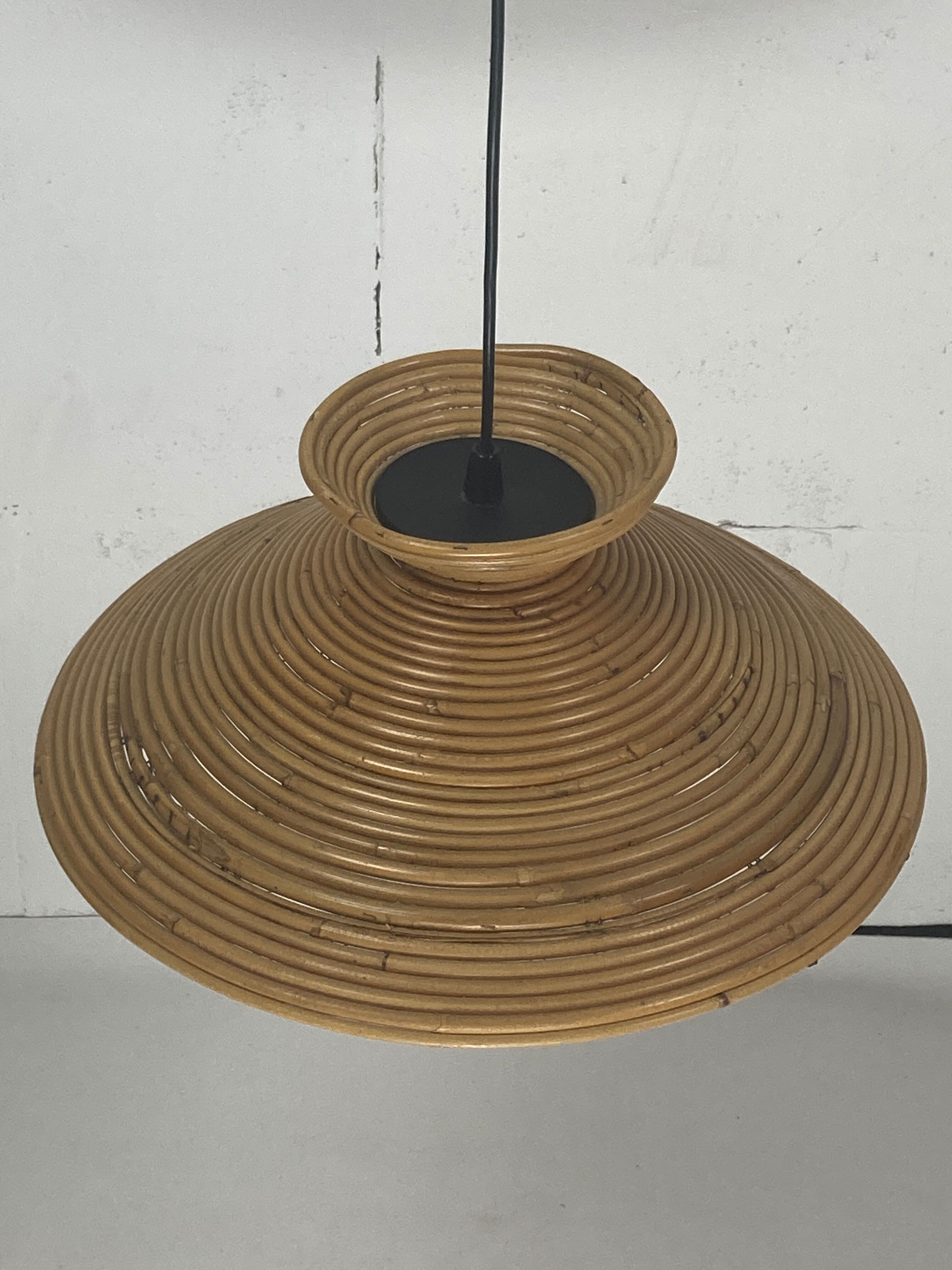 Pencil Split Reed Rattan Bamboo Pendant Lamp, Italy 1970s