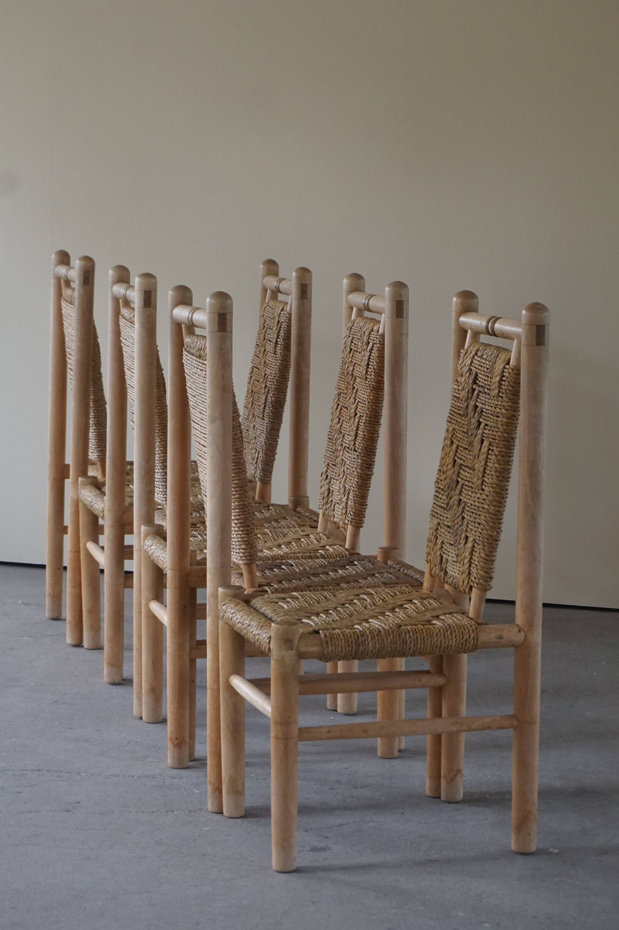 Set of 6 French Mid Century Naturalist Woven Highback Chairs in Solid Elm, 1960s