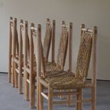 Set of 6 French Mid Century Naturalist Woven Highback Chairs in Solid Elm, 1960s