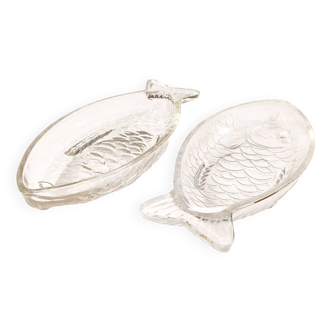 Set of 2 transparent glass bowls in the shape of a fish.