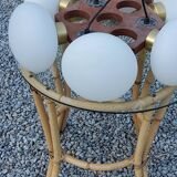 Scandinavian teak and white opaline chandelier with 6 lights from the 70s