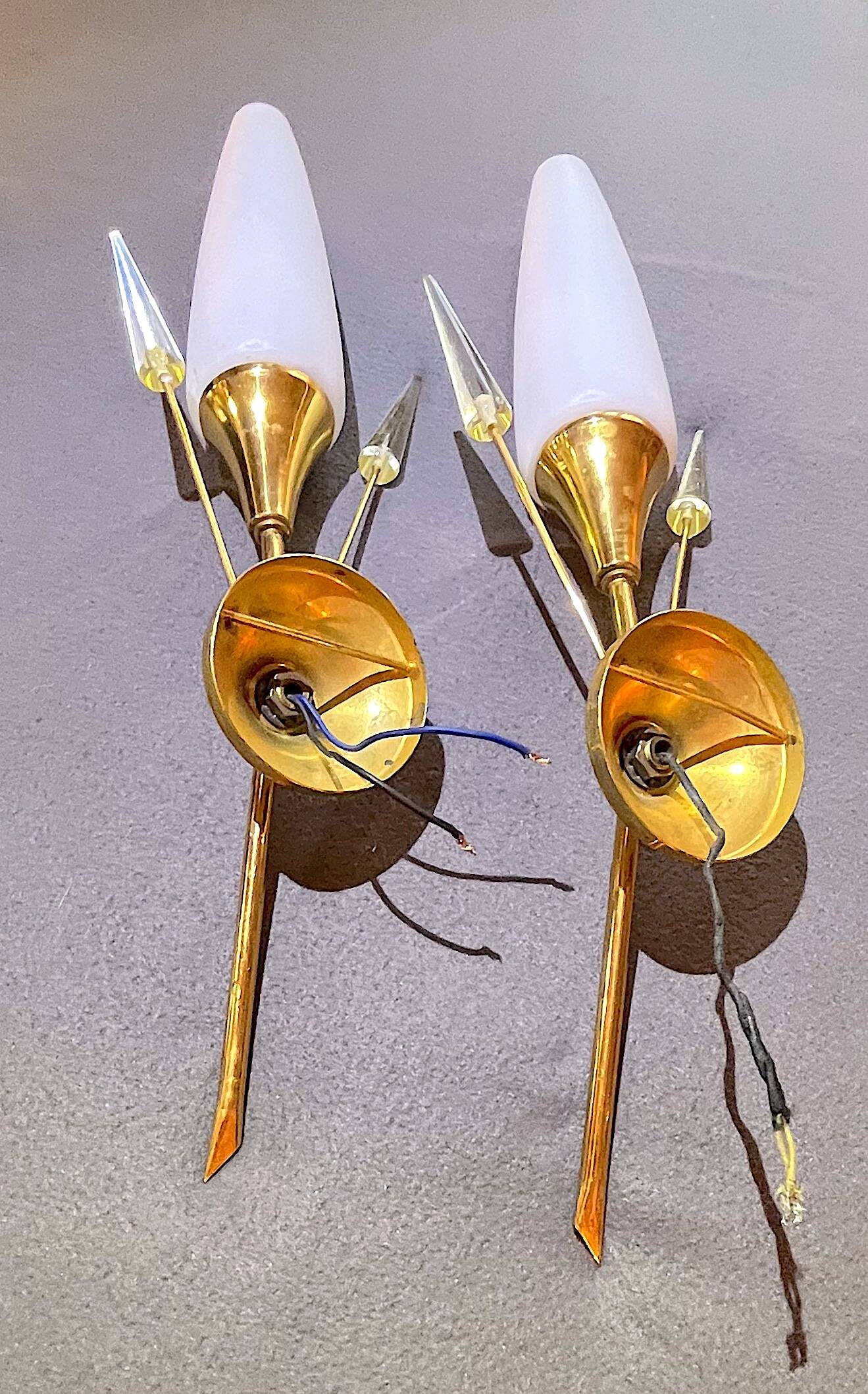 Pair of brass and opaline sconces, Maison Arlus, France, Mid-Century