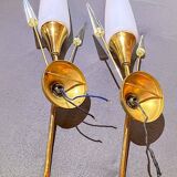 Pair of brass and opaline sconces, Maison Arlus, France, Mid-Century