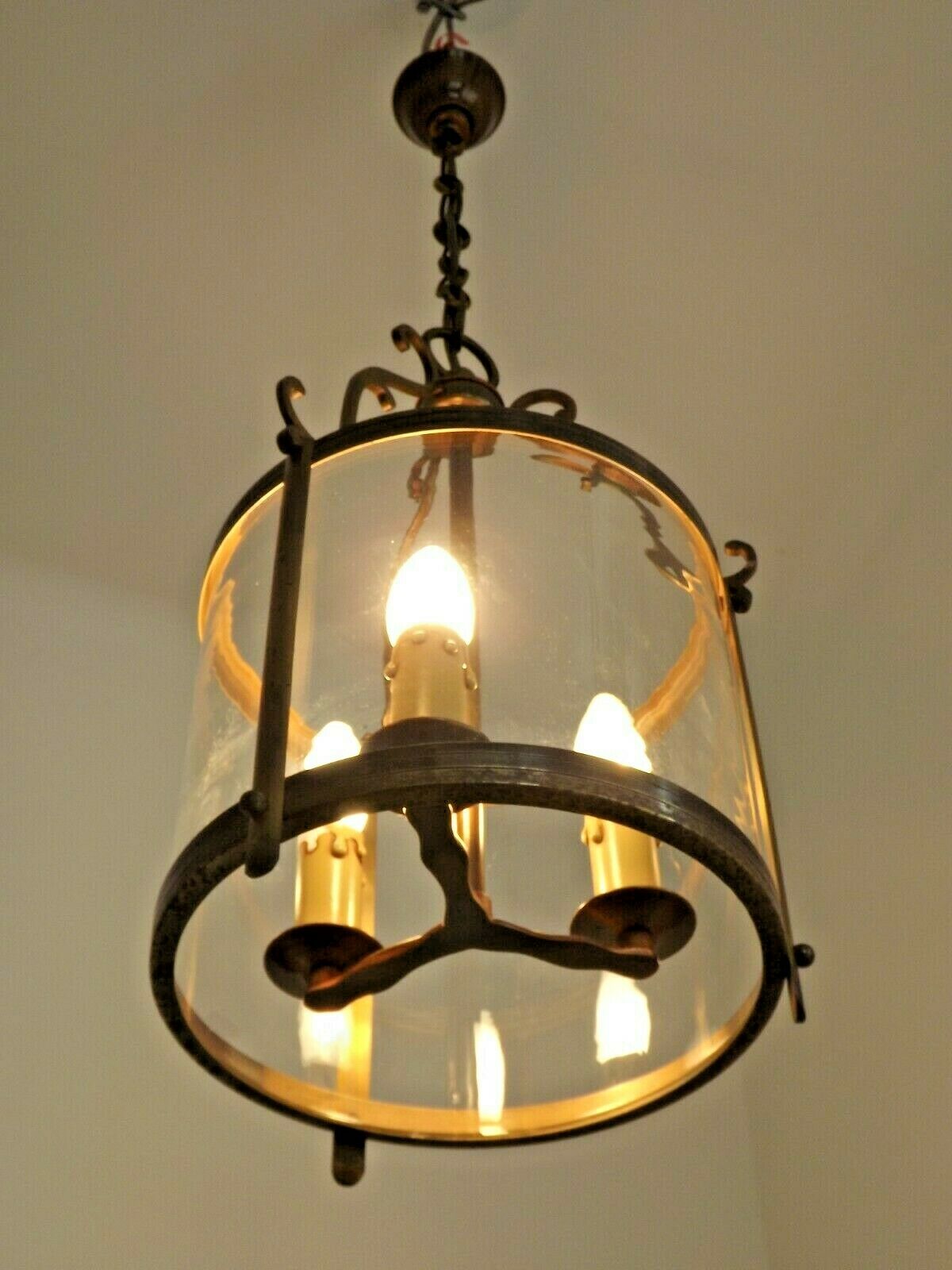 Large Vintage French Brass Cylindrical Glass 3 Light Hanging Hall Lantern