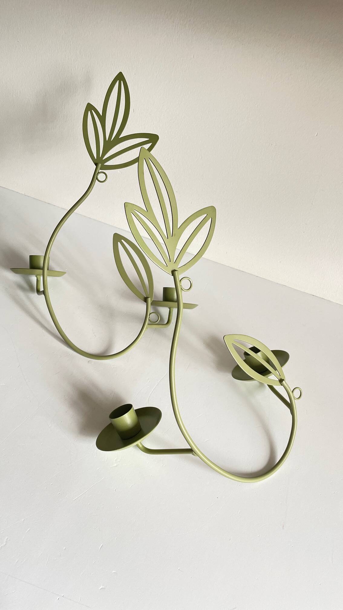 Wall Candle Holder, Green Metal Leaves