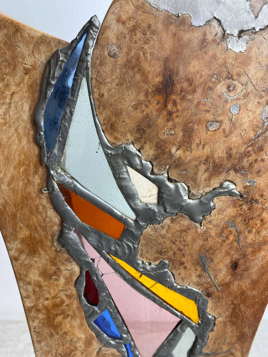 Carved wooden lamp and stained glass