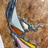 Carved wooden lamp and stained glass