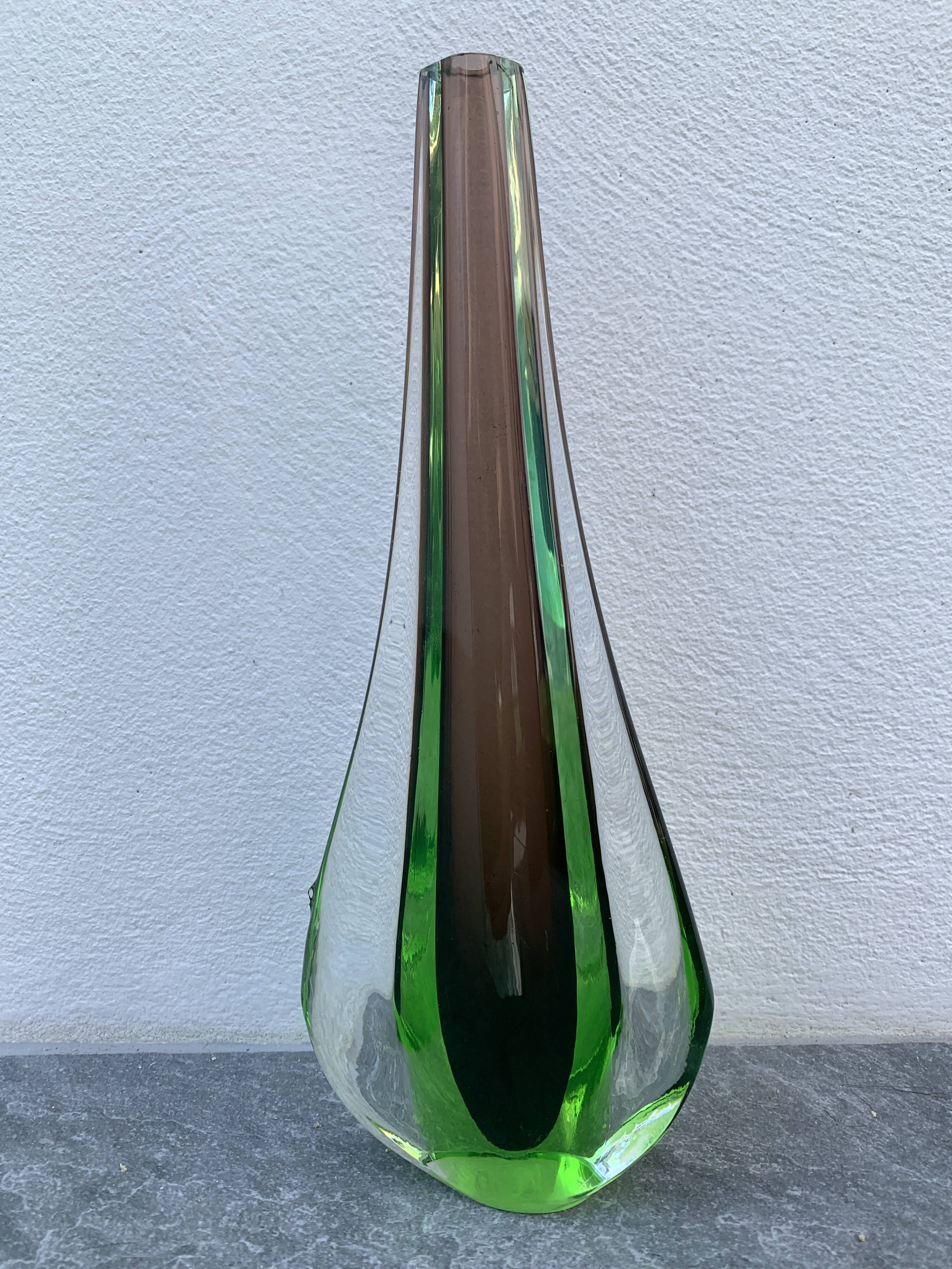 Green and red glass soliflore Sommerso Murano vase 1970