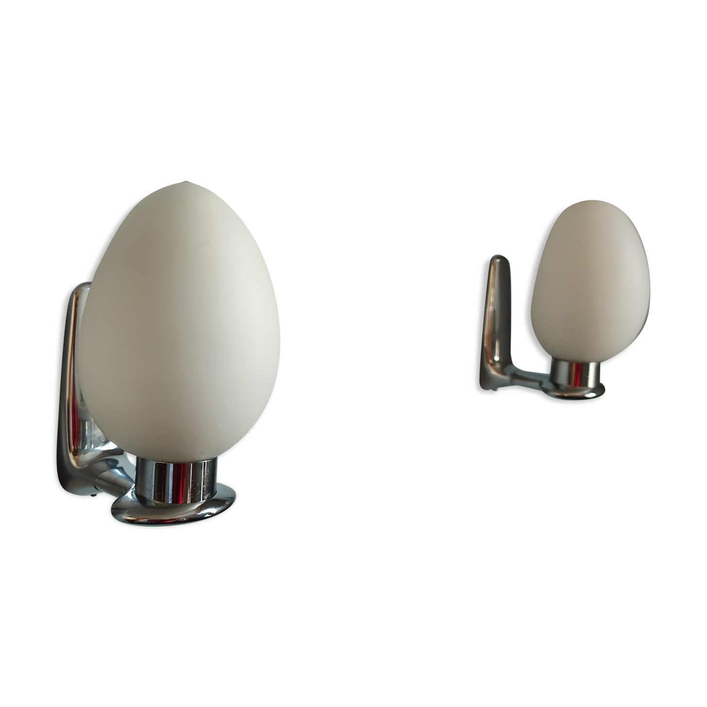 Pair of ouefs sconces in opaline and vintage chromed metal