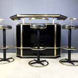 Hollywood regency bar with three stools, 1970s