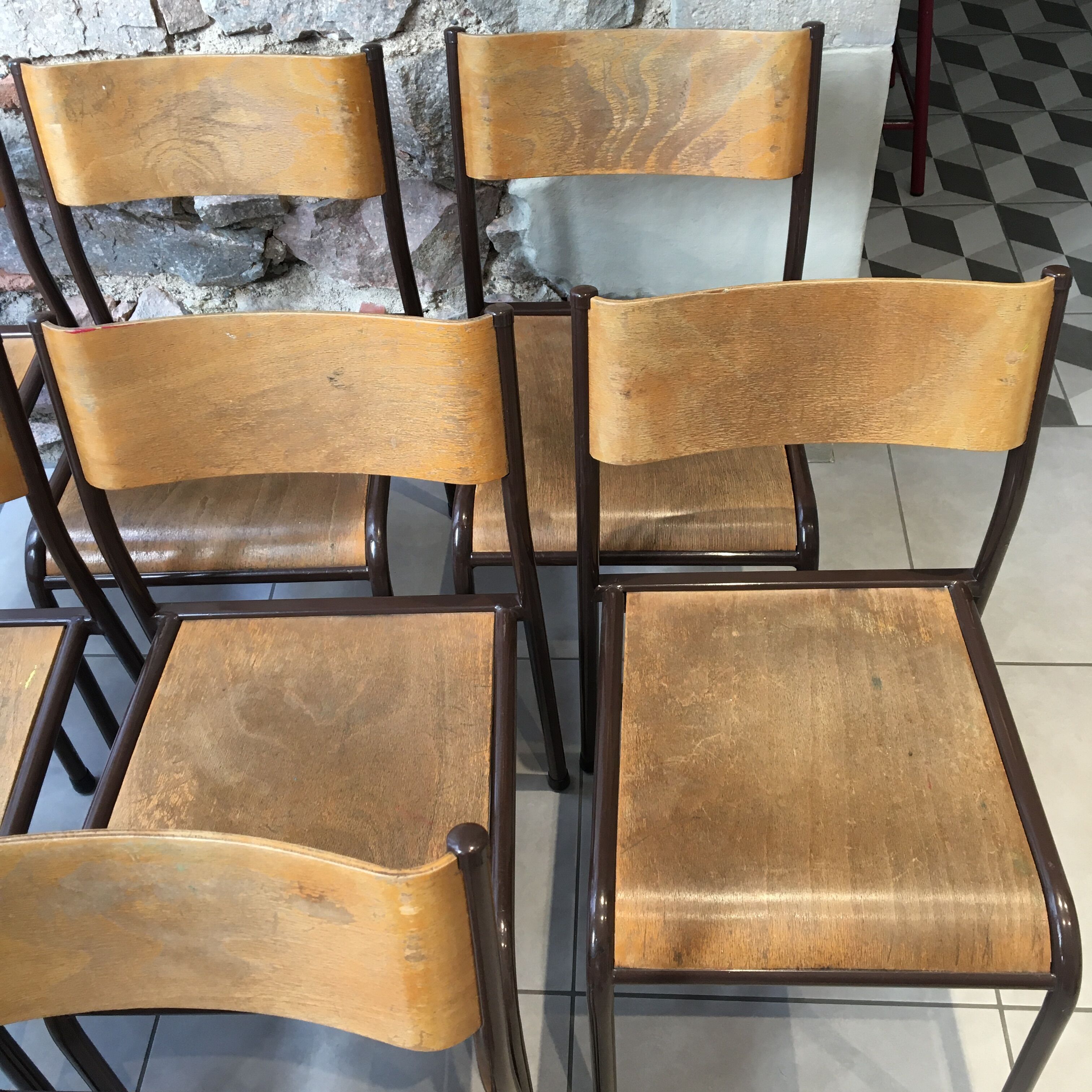 Set of 7 curved back school chairs