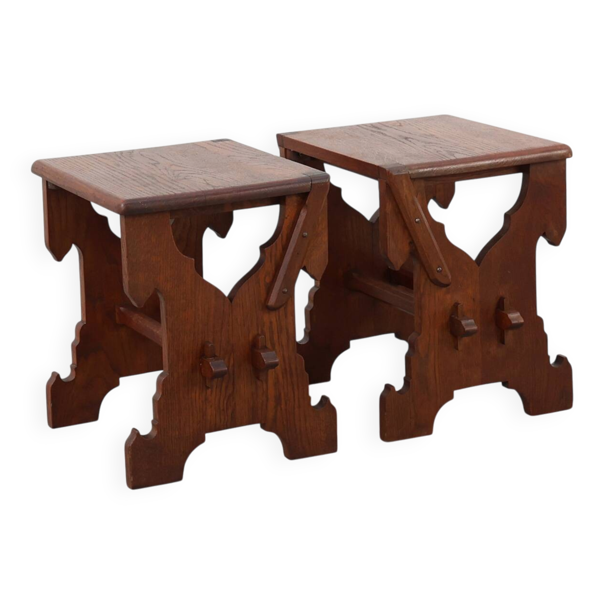 Pair of Belgian Arts & Crafts or Jugendstil Oak Stools, circa 1890