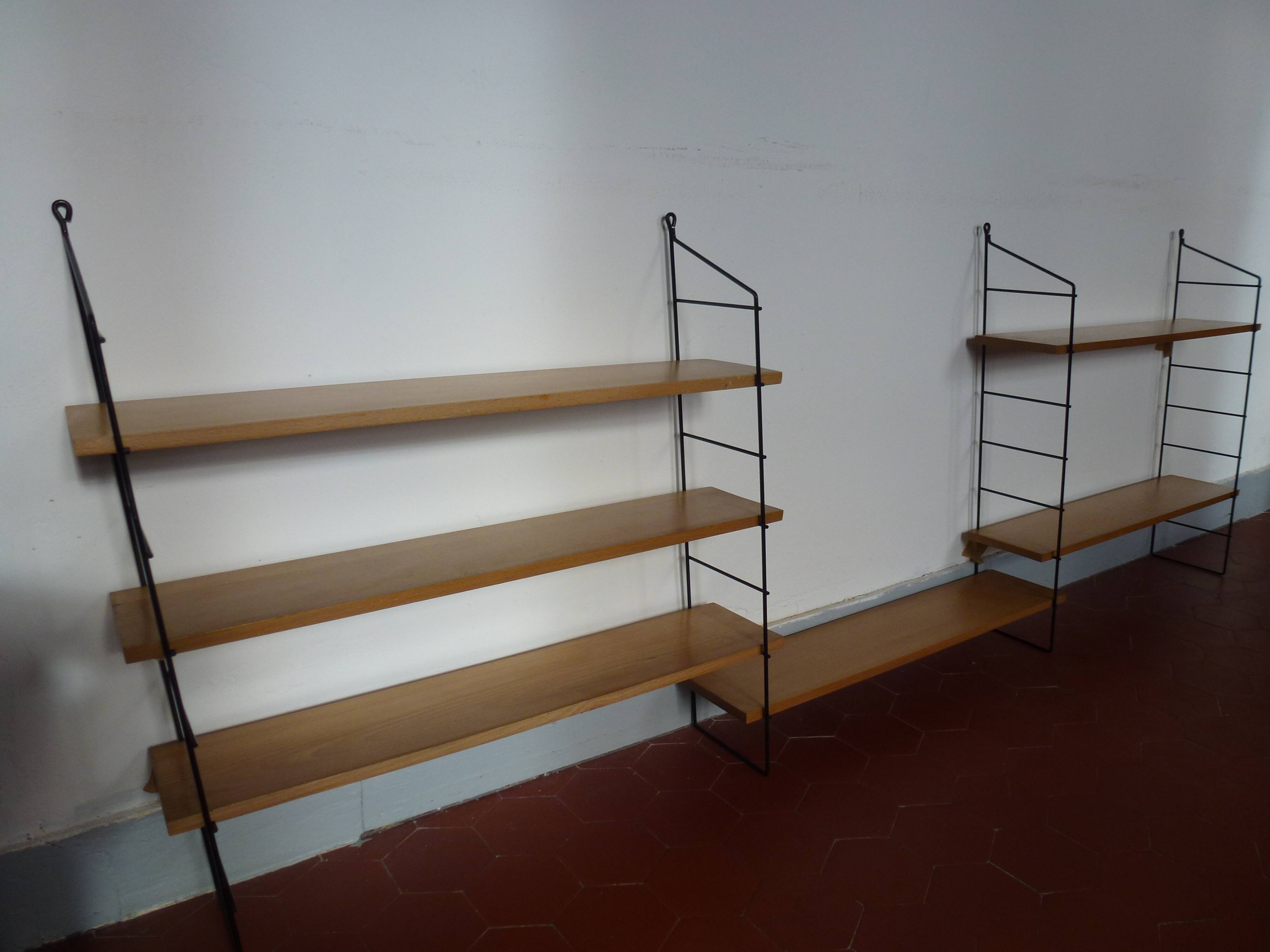 Vintage thong wall shelf, wood and black lace-up metal