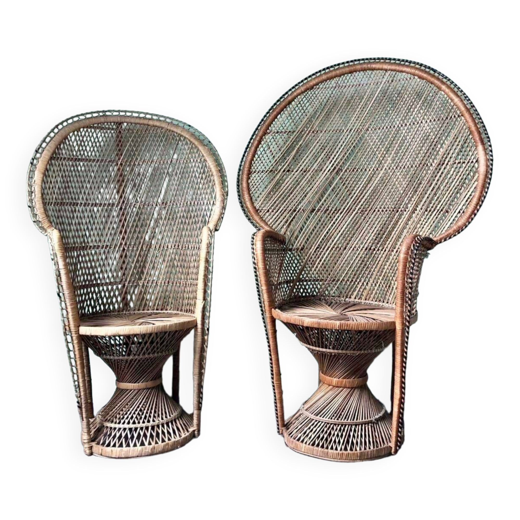 Pair of vintage Emmanuelle armchairs, antique peacock seating furniture