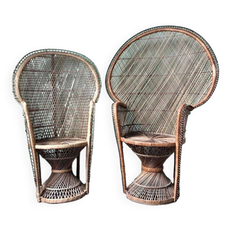 Pair of vintage Emmanuelle armchairs, antique peacock seating furniture