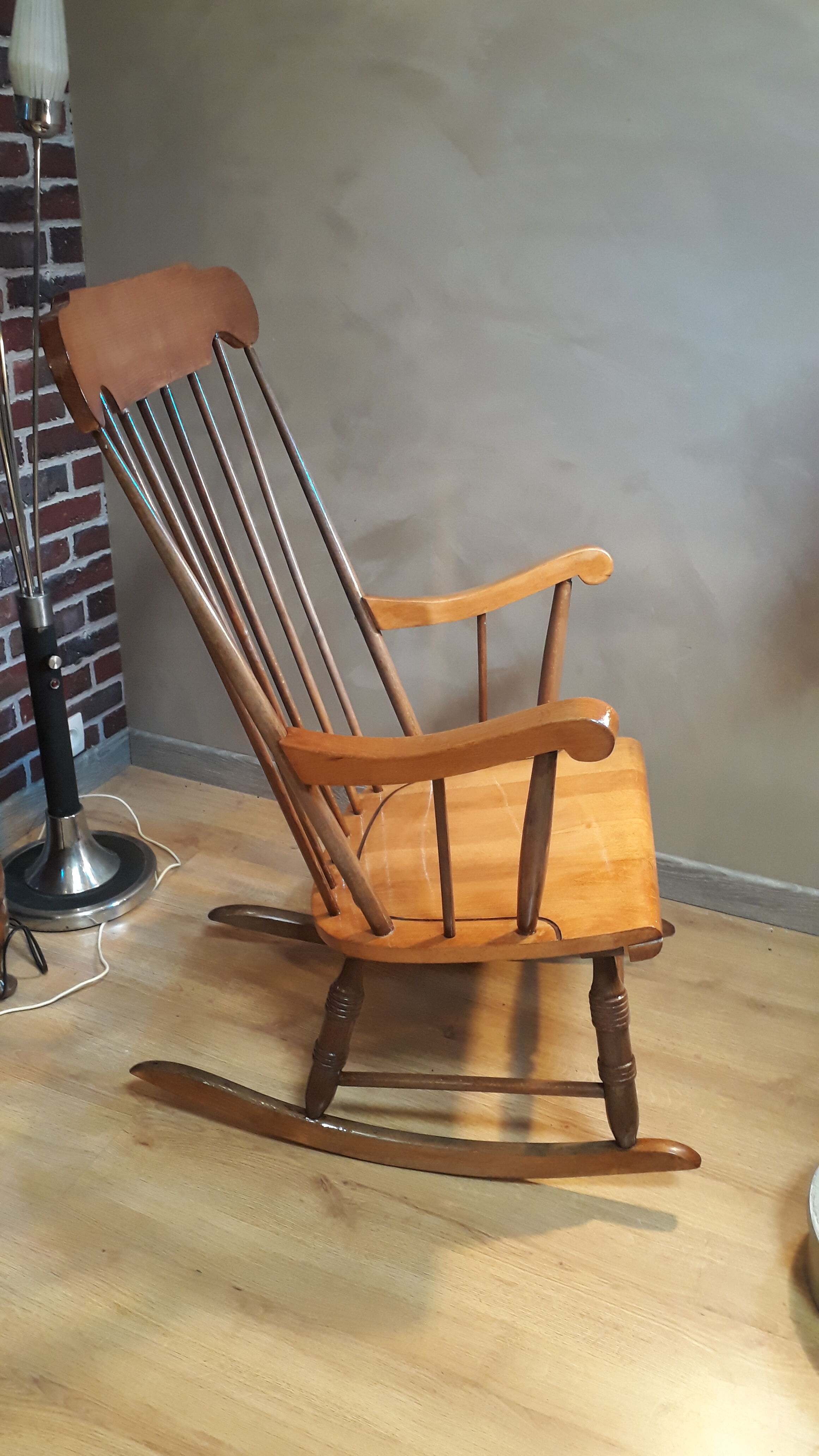 Brown and natural wood rocking chair 1970