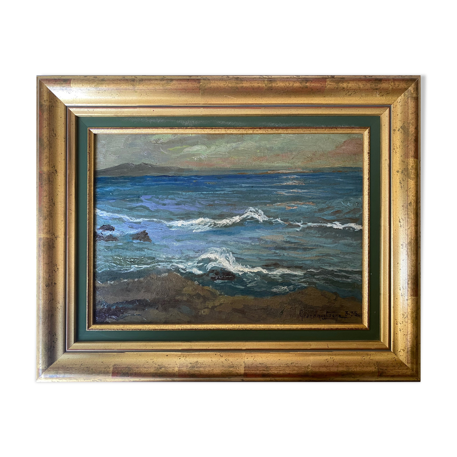 Painting Landscape Marine 1938 HST signed Grandmontagne + Orientalist frame