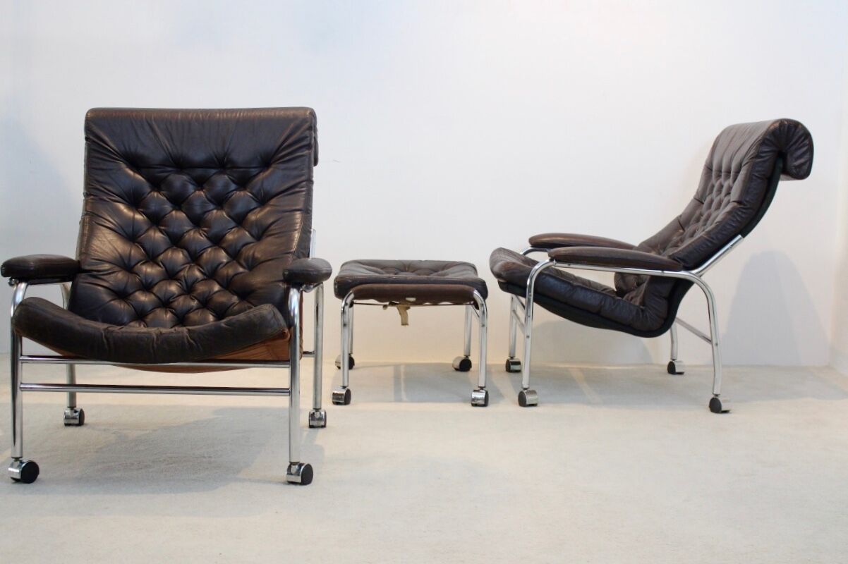 Paire de fauteuils 'bore' en cuir Noboru Nakamura avec pouf, années 1970