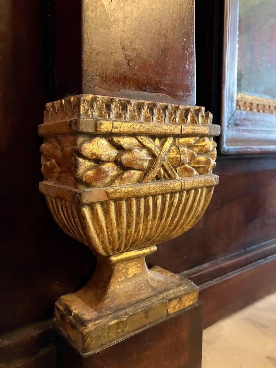 Italian Empire Mahogany and Parcel Gilt Console with Mirror and Carrara Marble Top, Late 18th Century