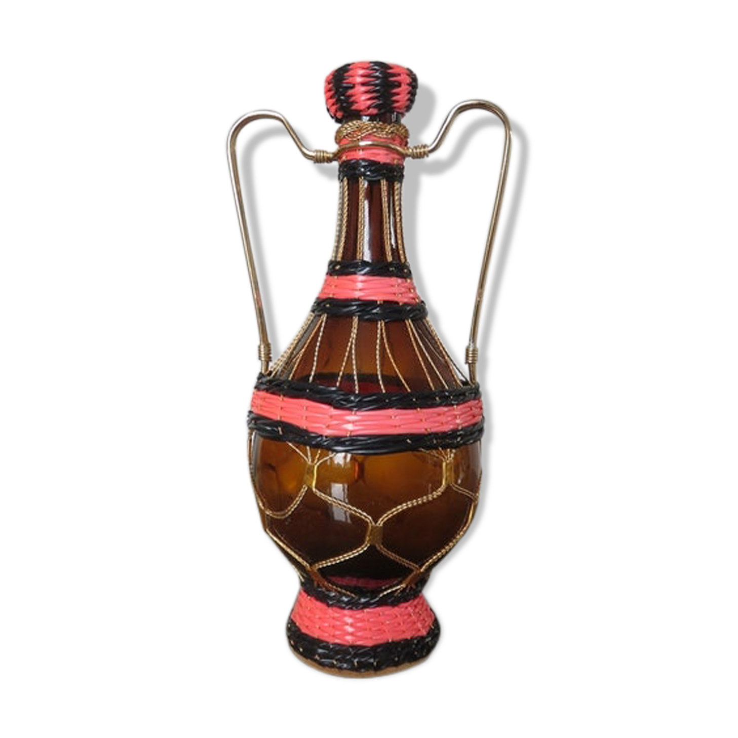 Bottle in pink scoubidou and gold metal 50s 60s