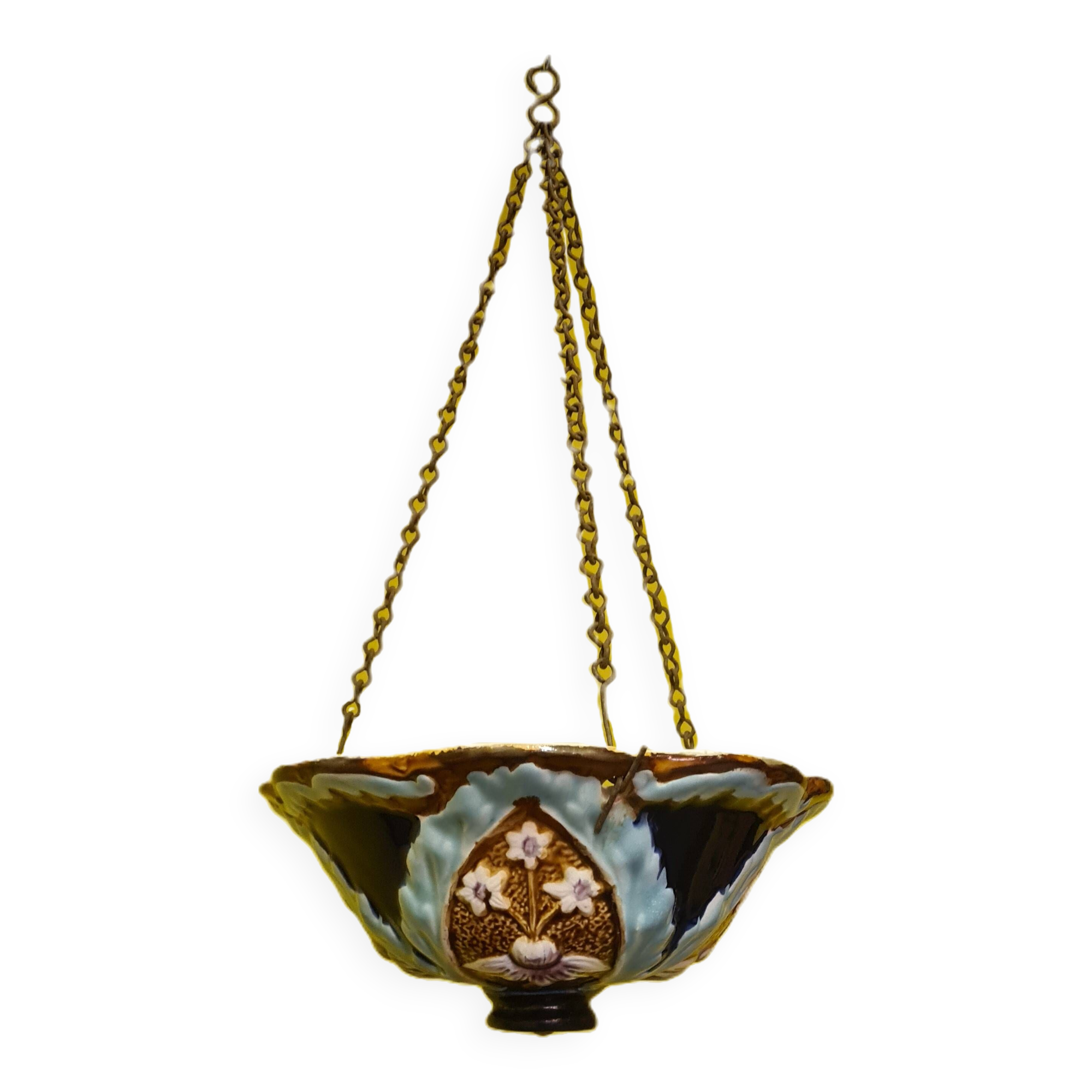 French art nouveau majolica hanging flower pot, early 20th century