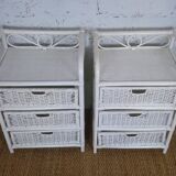 pair of chest of drawers bedside chiffonier 3 drawers white bamboo rattan vintage 1970s