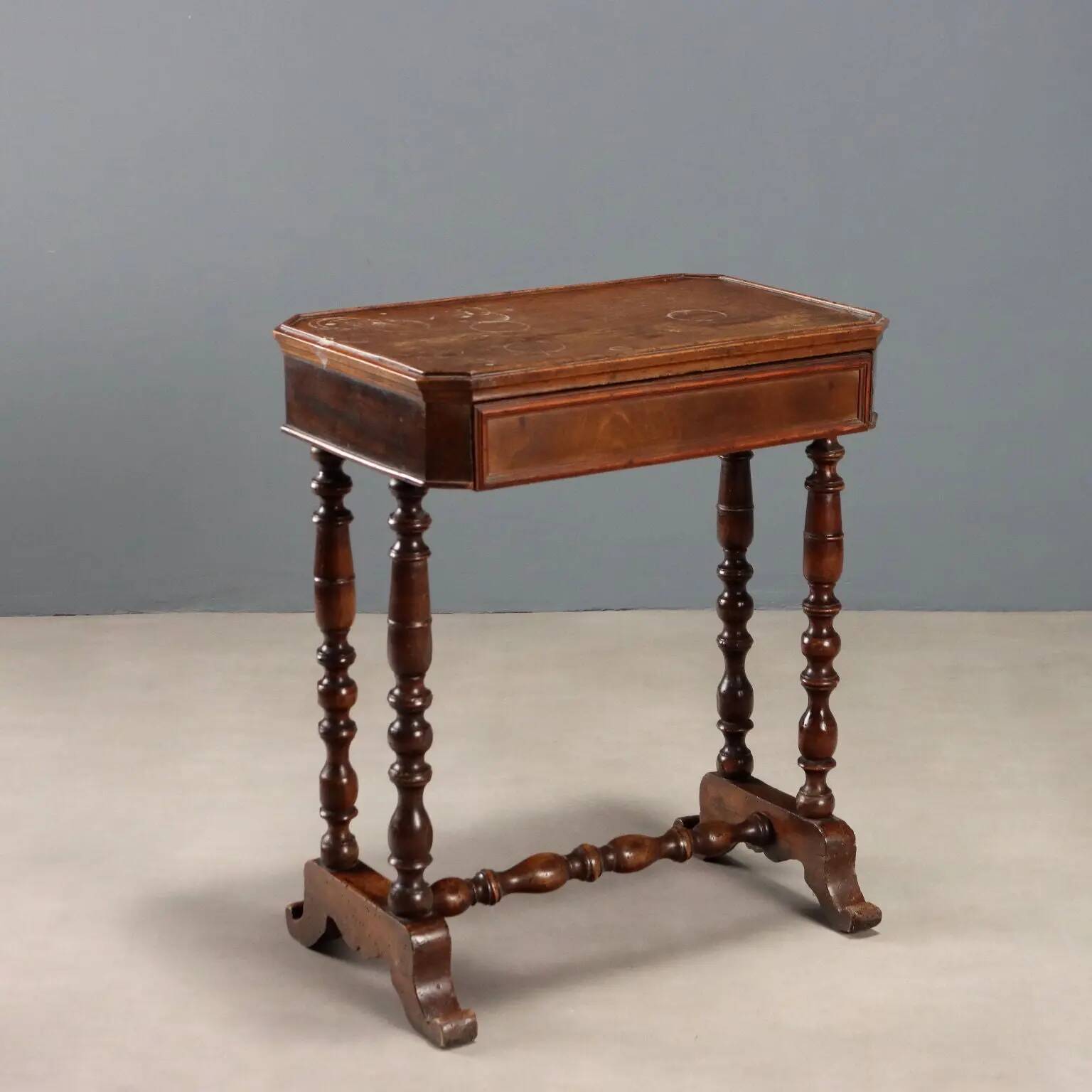 Antique walnut sewing table with drawer, Italy, mid-19th century.