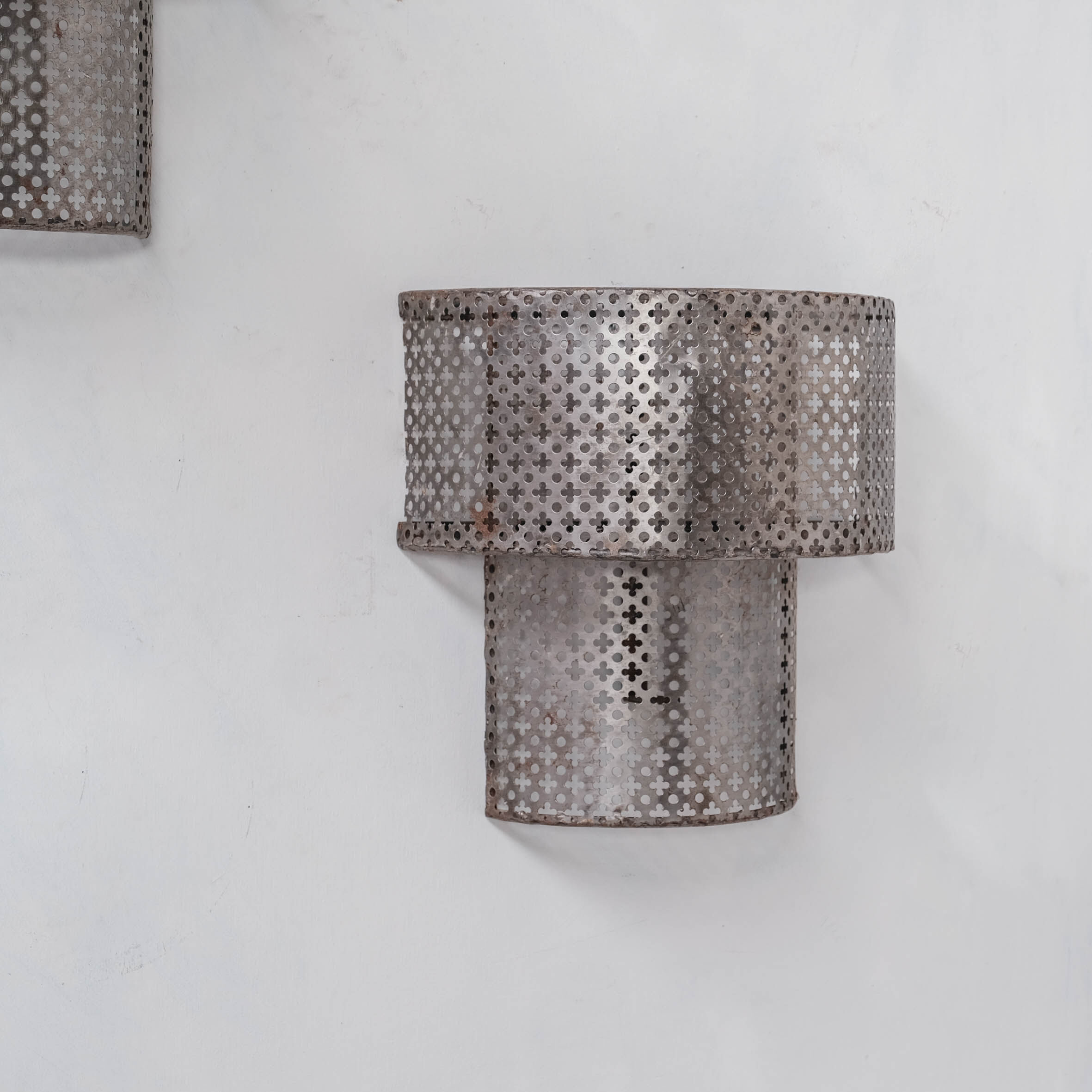 Pair of Mid-Century Perforated Metal Wall Sconce Lights