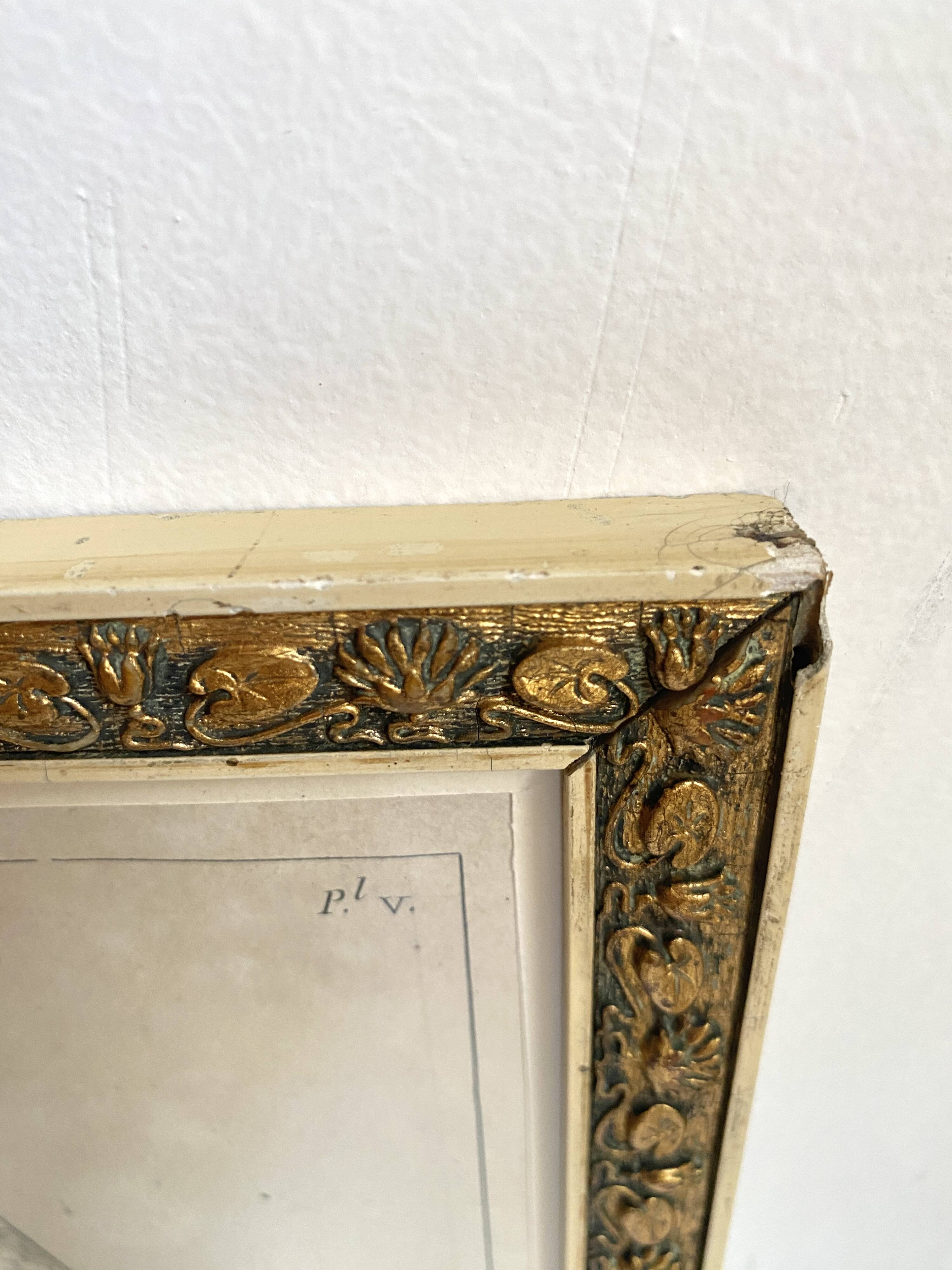 19th century engraving, Art Deco gold glazed frame