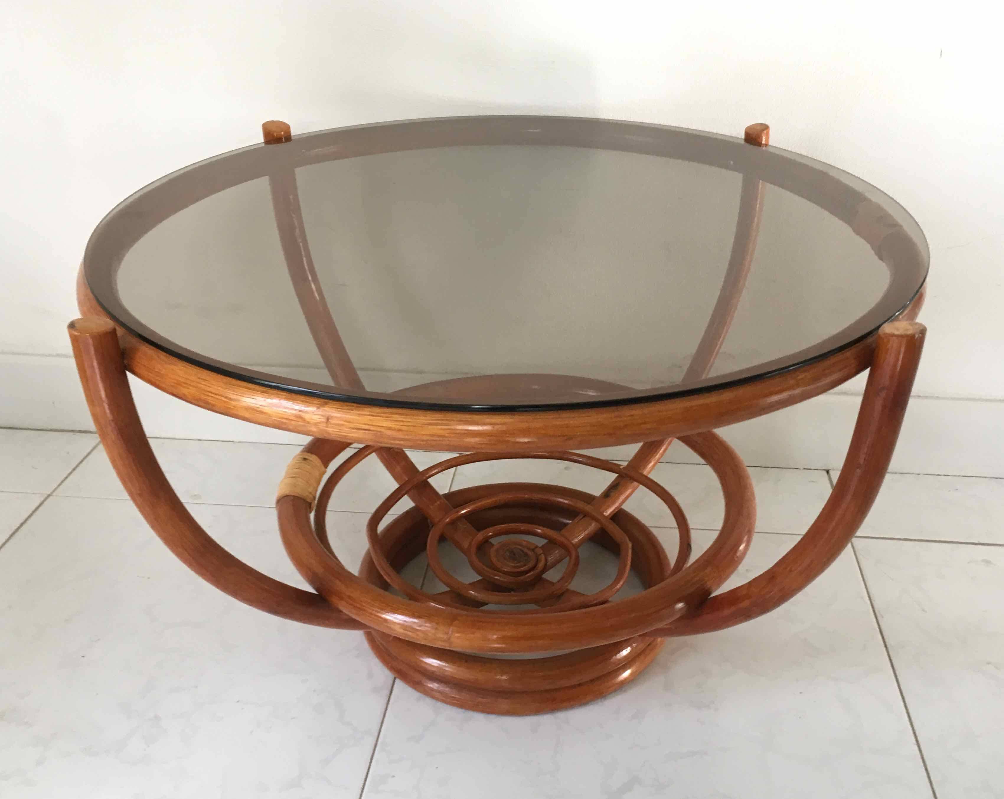 Rattan and smoked glass coffee table 1970