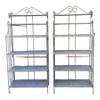 pair of rattan metal shelves